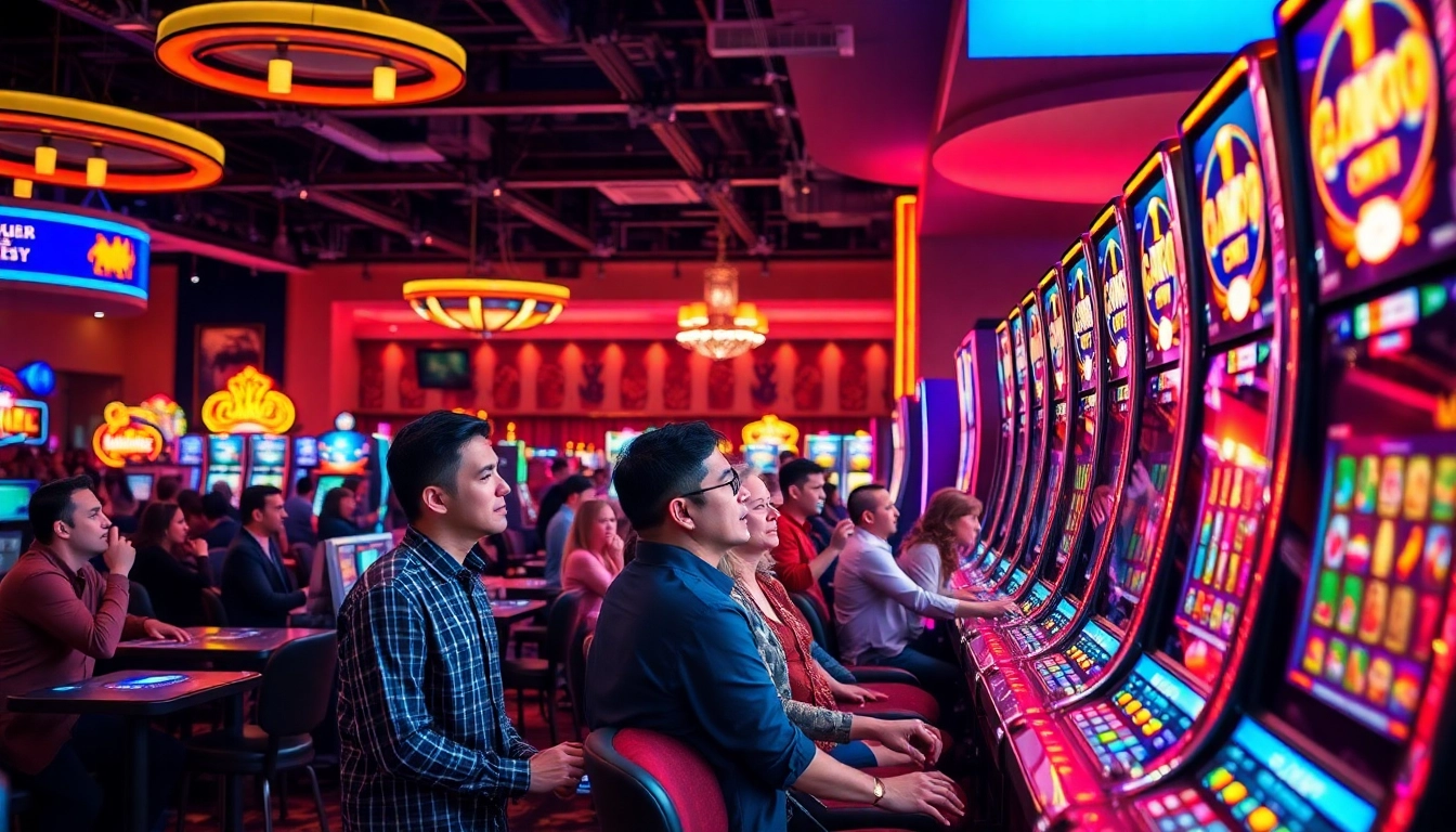 Situs mpo500 bermain di kasino yang ramai dengan mesin slot bercahaya.