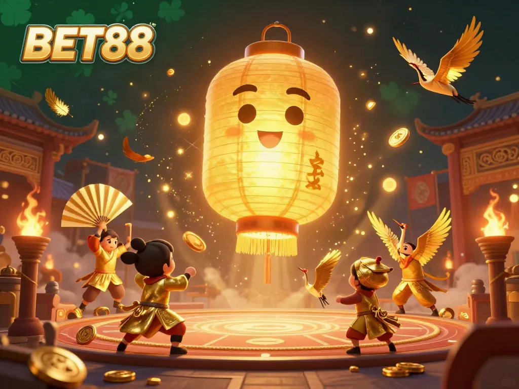 Experience the vibrant casino atmosphere of BET88 with a golden lantern spirit and gaming elements in a 3D illustration.