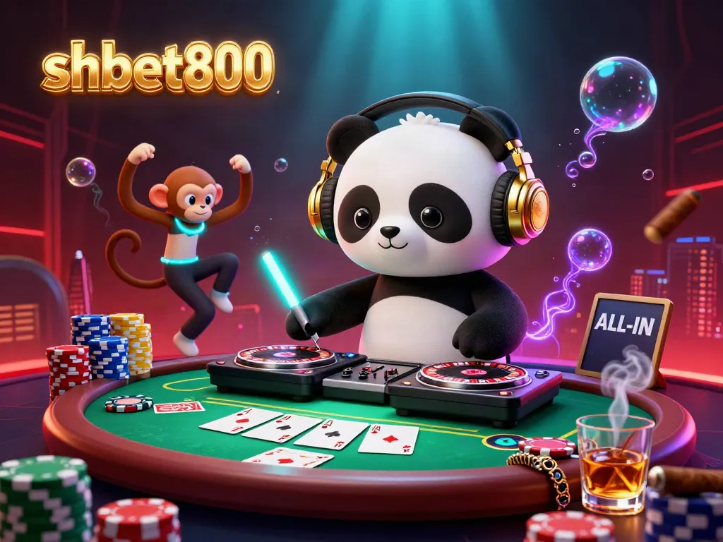 Experience the thrill of shbet800 with a vibrant 3D scene featuring a DJ panda and lively casino elements, perfect for online gaming adventures.