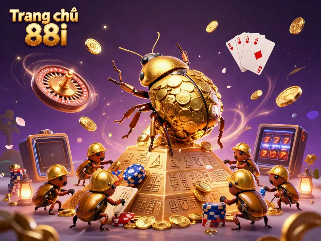 Experience the thrilling world of Trang chủ 88i as a golden dung beetle rolls coins amidst flying gems and spinning roulette.