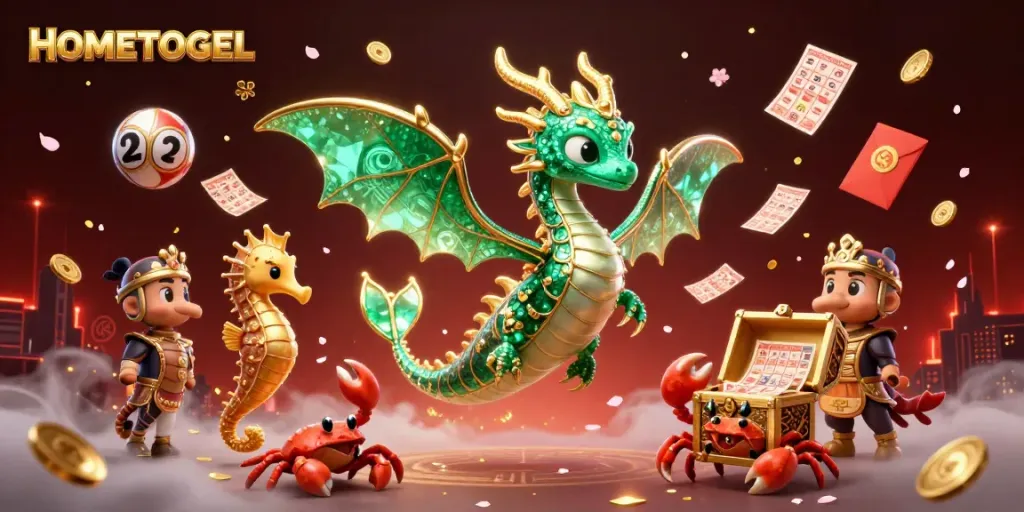 Engage with HOMETOGEL in this vibrant 3D illustration featuring a majestic sea dragon and lottery elements.