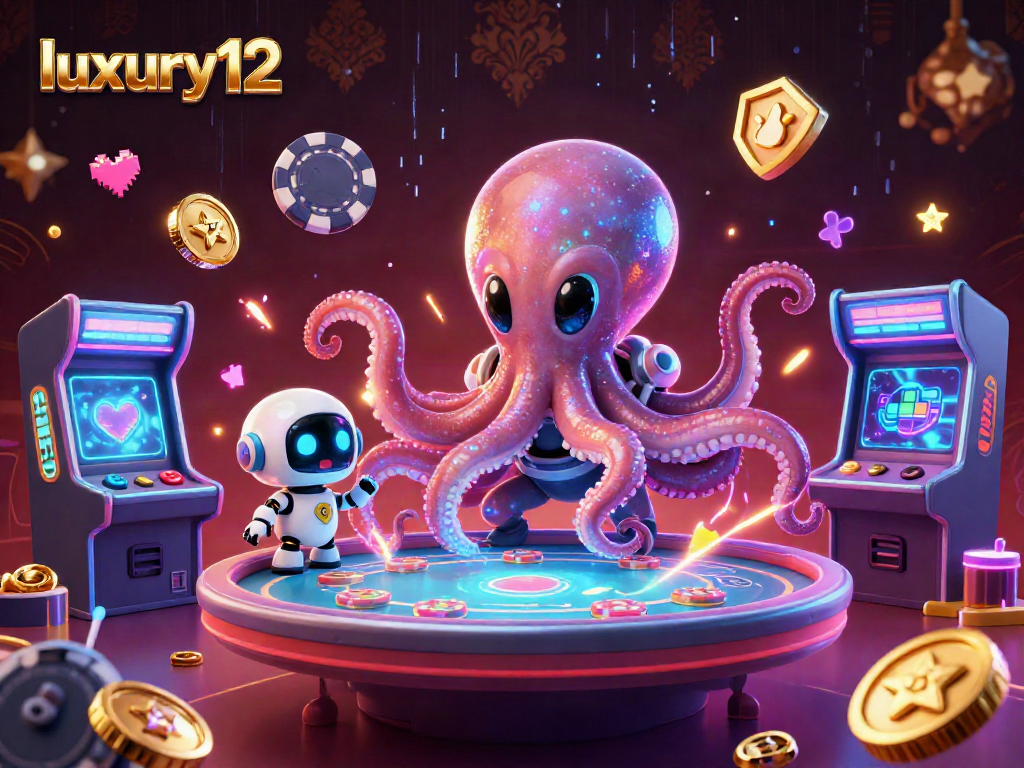 Engage with luxury12 aliens playing holographic poker surrounded by vibrant casino arcade elements.