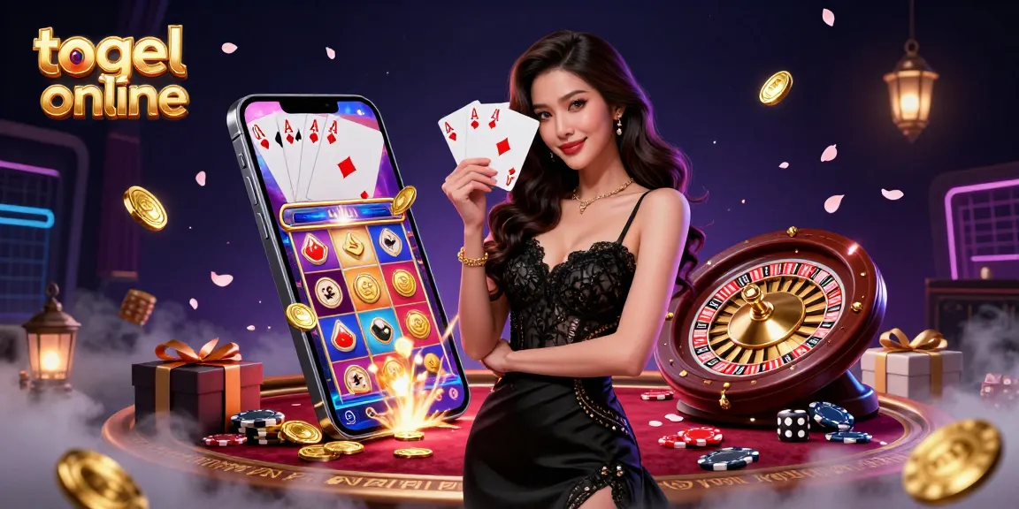 Experience thrilling togel online action with an elegant Asian woman holding ace cards amidst a vibrant casino scene.