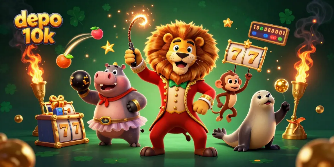 Spin and win with depo 10k as circus characters celebrate big wins in a vibrant slot game setting.