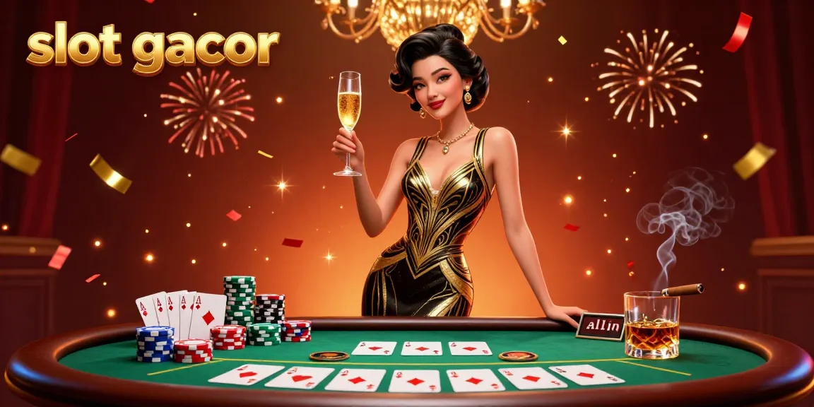 Engage with slot gacor in a glamorous casino scene filled with vibrant poker elements and celebratory effects.