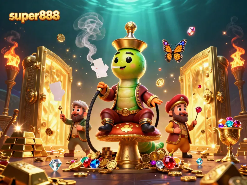 Menangkan keberuntungan di super888 dengan ilustrasi ceria slot dan harta karun.