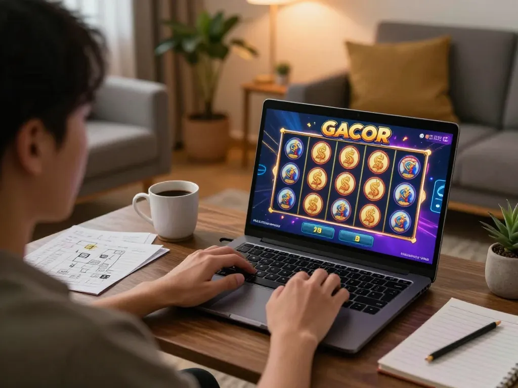Person engaged in thrilling slot gacor gameplay on a laptop at home, showing strategies and winnings