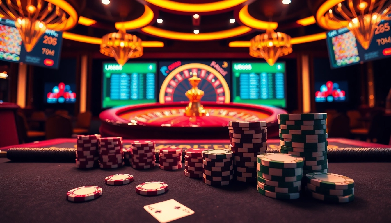 Exciting scene of casino action with poker chips and cards reflecting U8888 entertainment.
