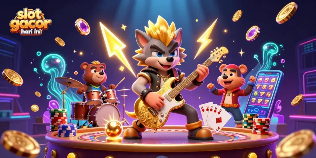 Slot gacor hari ini menampilkan ilustrasi 3D penuh warna dengan karakter kasino yang dinamis.