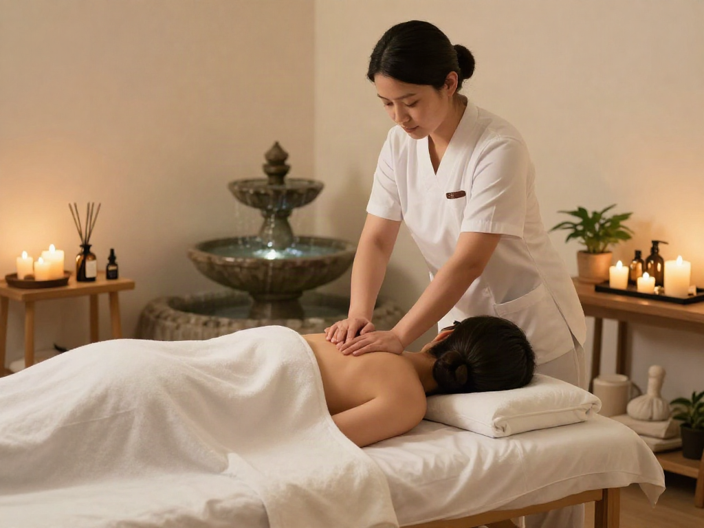 Relaxing massage therapy scene illustrating 일산출장안마 with essential oils and soothing ambiance.