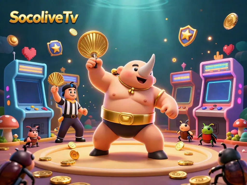 Experience thrilling action with SocoliveTv as a rhino beetle champion stomps coins amidst colorful games.