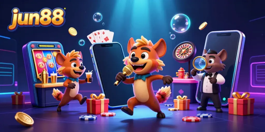 Engage with the thrilling world of jun88 at a vibrant casino scene featuring entertaining hyenas.