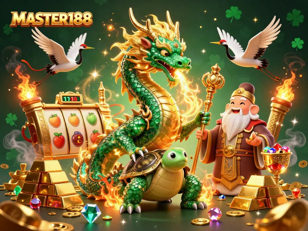 Experience thrilling slots with MASTER188, featuring vibrant gold elements and dragon imagery.