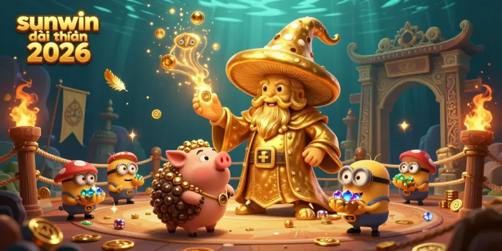 Engage with the magic of sunwin đổi thưởng 2026, where a golden mushroom wizard, a treasure-hunting pig, and sparkling gems illuminate a vibrant casino atmosphere.