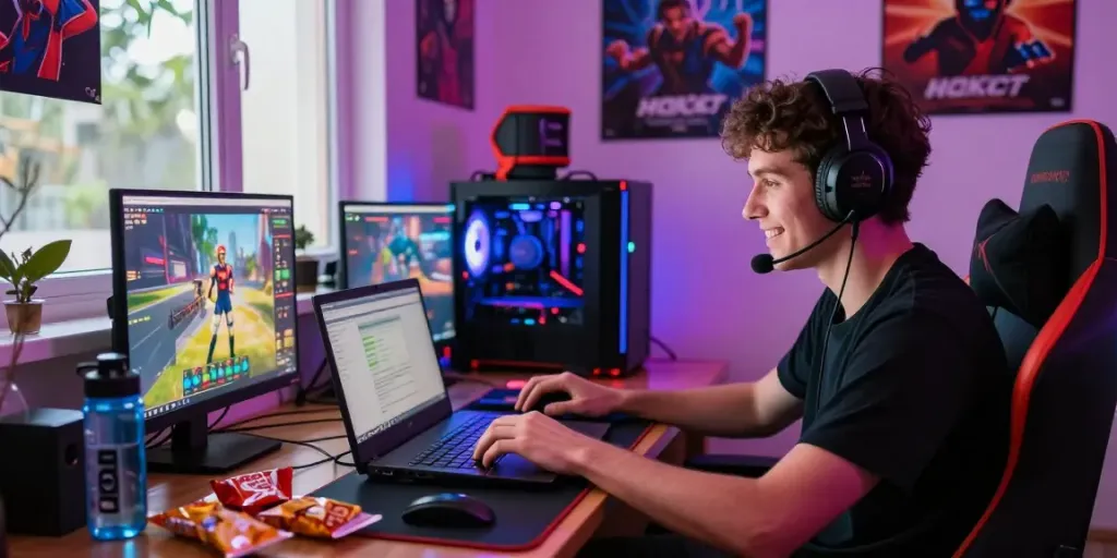 Momen pemain HOKI99 yang terlibat dalam permainan online di ruang gaming yang dinamis dan berwarna-warni.