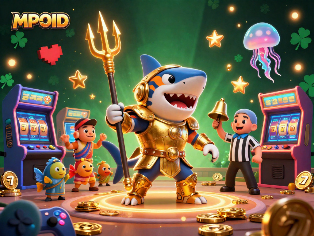 MPOID showcases a dynamic slot online scene featuring a fierce tiger shark and arcade elements amidst an underwater colosseum.
