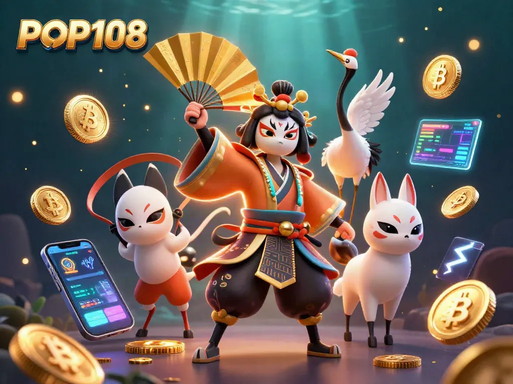 Menangkan permainan dengan POP108, ilustrasi kasino yang kaya detail dan energik.