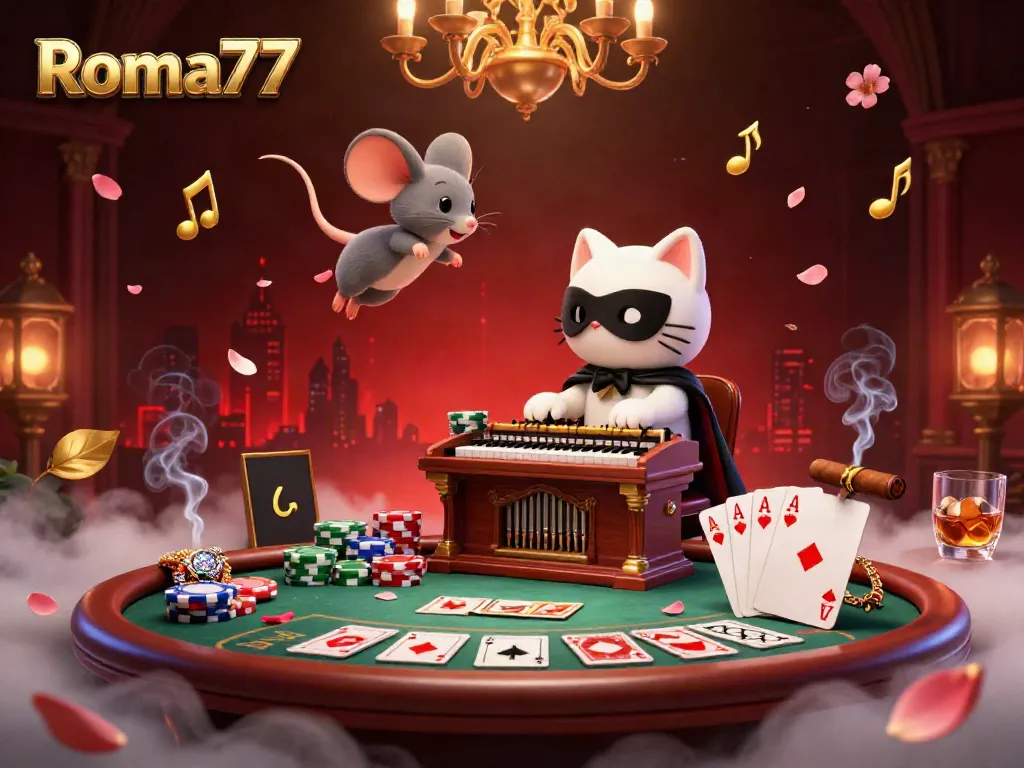 Engage in rich gaming with Roma77, as a whimsical cat plays organ amid floating poker chips and vibrant elements.