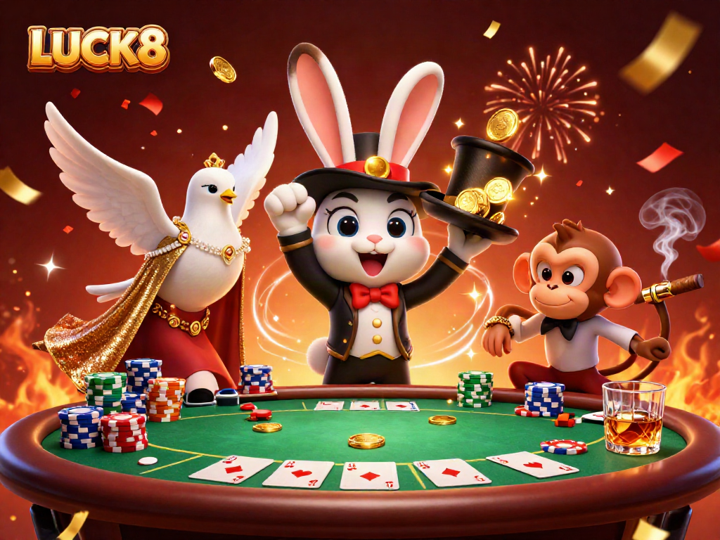 LUCK8 khắc họa một con thỏ ảo diệu đang kéo những đồng vàng từ mũ, tạo không khí sôi nổi tại sòng bạc.