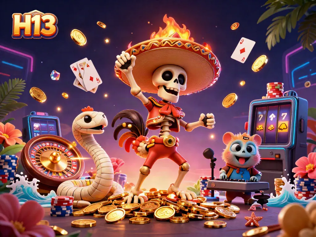Experience thrilling action with the H13 gaming scene featuring a victorious mariachi rooster and exciting casino elements.