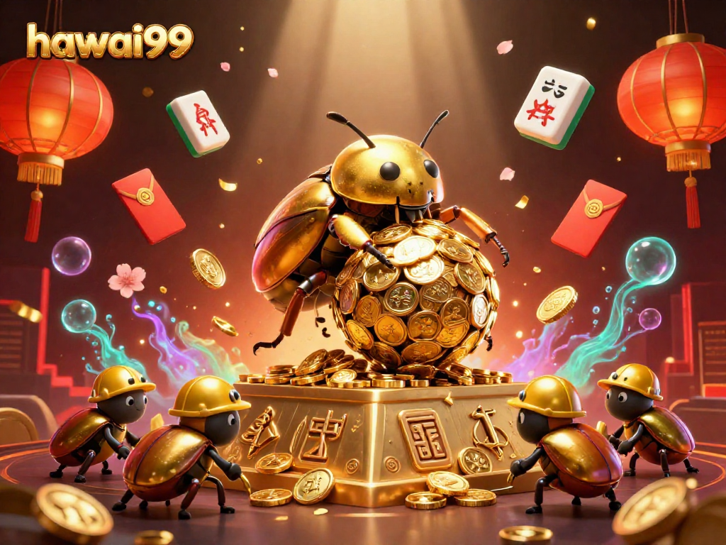 Experience the vibrant world of hawai99, where a golden dung beetle rolls coins and symbols around a dynamic pyramid.