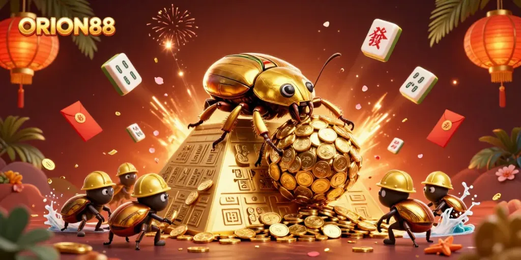 Experience the excitement of ORION88 with this vibrant 3D casino illustration featuring lucky symbols.