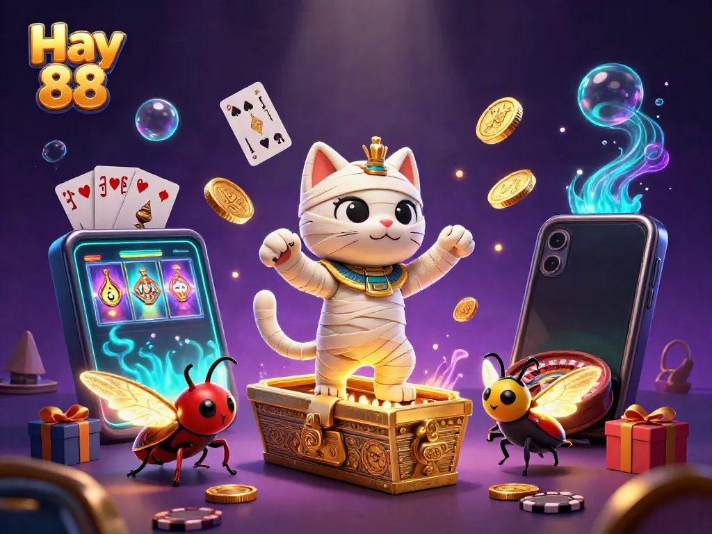 Experience excitement at Hay 88 with a cartoon Egyptian mummy cat and magical games in a vibrant casino
