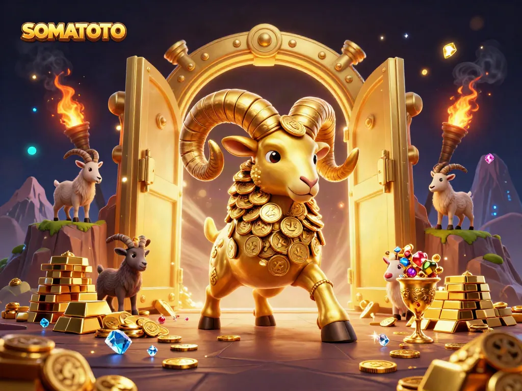 SOMATOTO showcases an ultra-detailed 3D illustration of a golden ram surrounded by riches and casino elements.