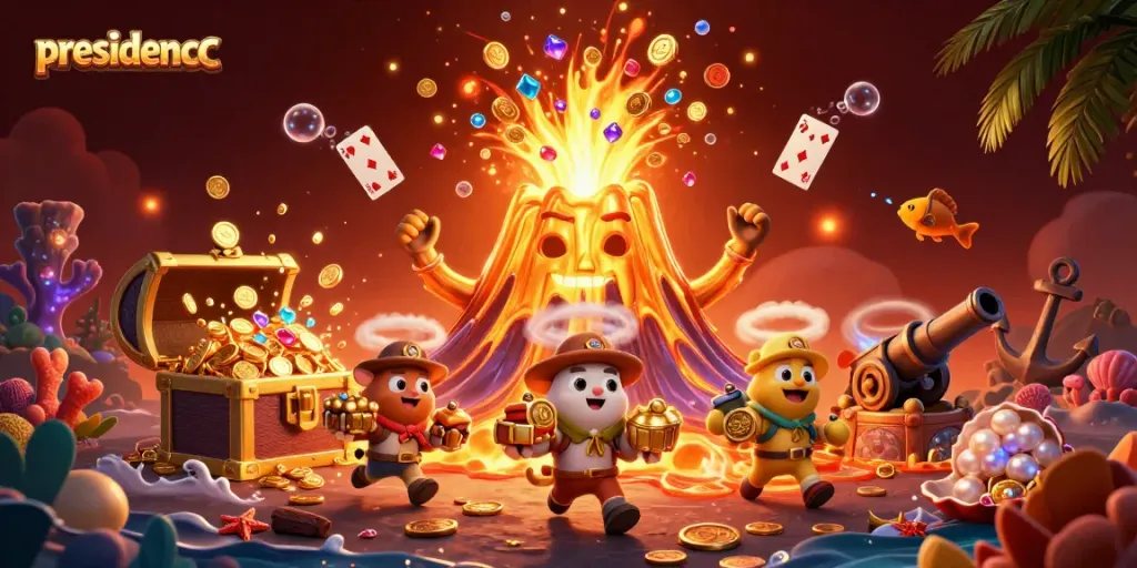 PRESIDENCC celebrates a thrilling casino scene with a triumphant volcano erupting treasures and charming explorers.
