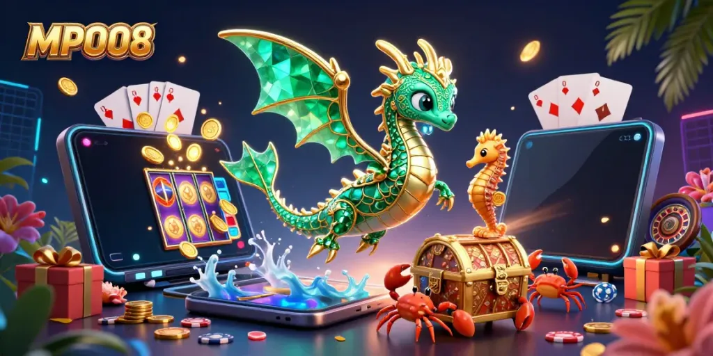 Engage in thrilling gameplay with MPO08 as emerald sea dragon leads royal seahorses and treasure.