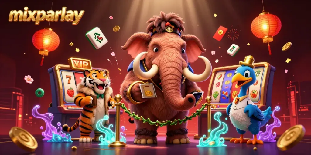 Ilustrasi pertandingan mixparlay yang penuh warna dan detail dengan karakter kasino 3D, simbol slot, dan efek kembang api.