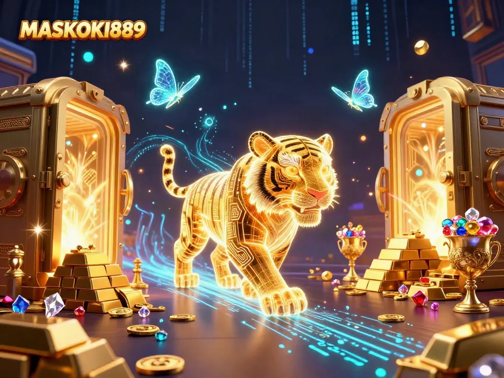 Engage in thrilling action at MASKOKI889 casino with a stunning golden tiger and dazzling treasures.