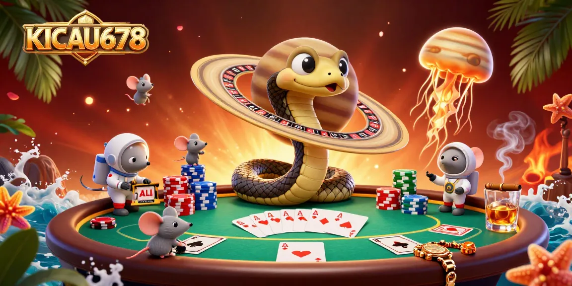 Engaging scene with KICAU678 character, cosmic dealer, and astronauts betting in 3D casino.