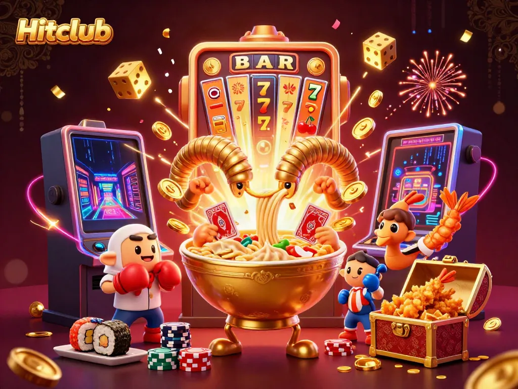 Experience the excitement at Hitclub with a golden ramen bowl character dealing cards amidst vibrant casino elements.