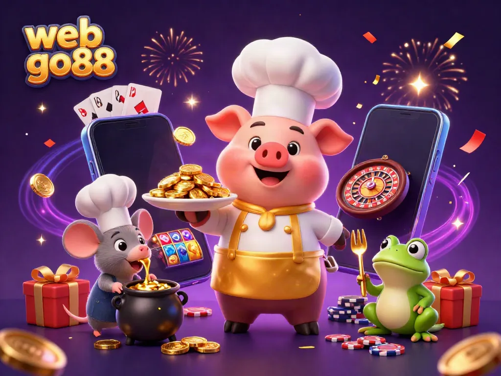 Experience exhilarating gaming action with web go88 through a vibrant 3D casino chef scene filled with treasures.