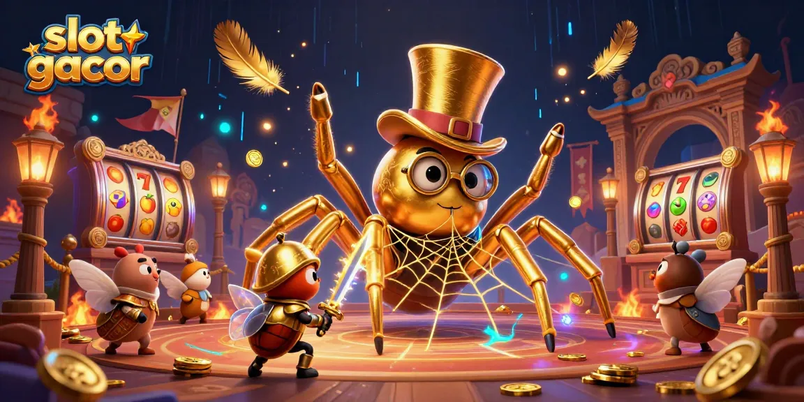 Menang besar dengan slot gacor, gambar slot yang berwarna-warni dan karakter menarik di kasino.