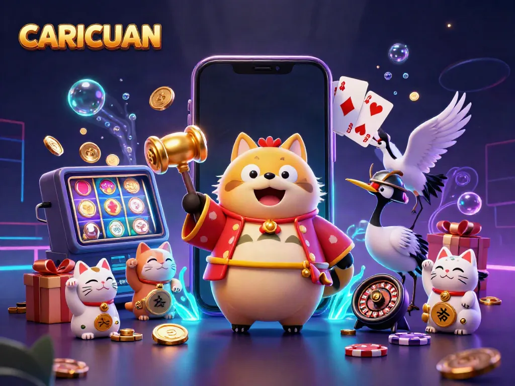 Win jackpots with CARICUAN's lively casino scene featuring cheerful characters and vibrant game elements.