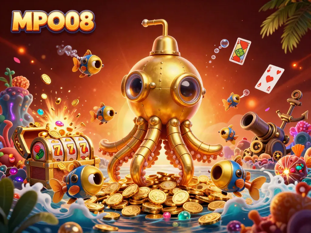 Engage with MPO08's thrilling slot gameplay, featuring a golden kraken submarine, golden coins, and vibrant symbols.