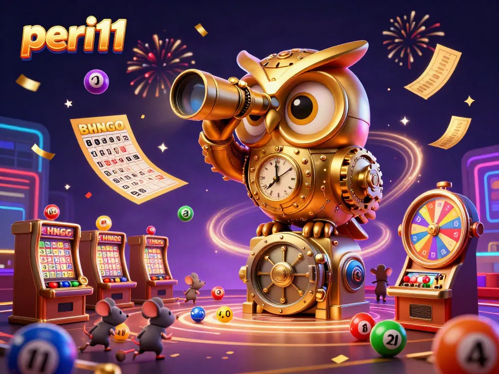 Experience big wins at peri11 with a magical casino scene featuring an owl overseeing vibrant slot machines.