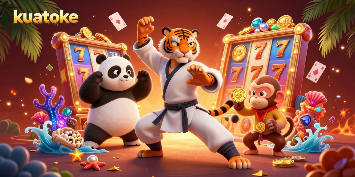 Kuatoke showcases a dynamic scene of vibrant slot machines, lucky 7s, and animated characters in an engaging casino setting.