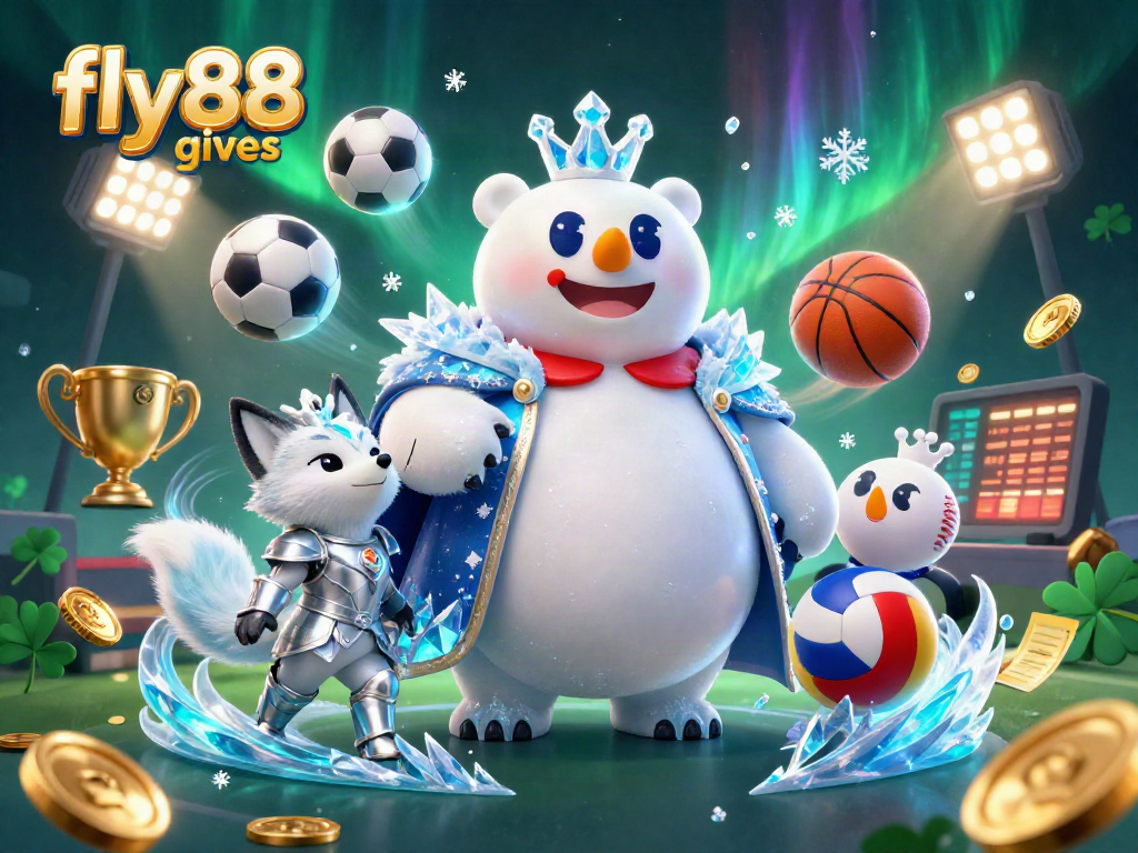 Engage with exciting betting visuals featuring fly88 gives, showcasing a 3D polar bear king and sports elements.