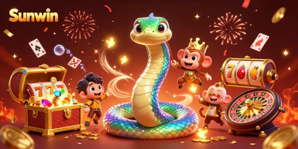 Experience vibrant gameplay at Sunwin with a colorful illustration featuring a magical serpent and playful monkey king.