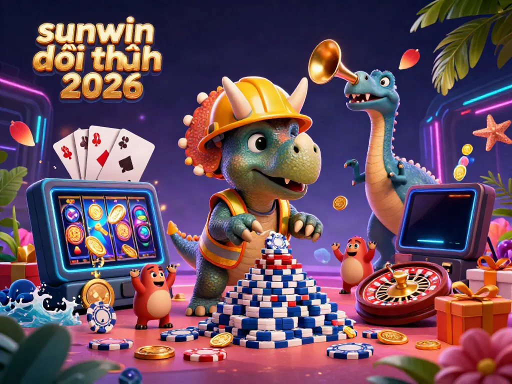 Experience the thrill of sunwin đổi thưởng 2026 through a vibrant 3D cartoon scene with playful characters and casino elements.