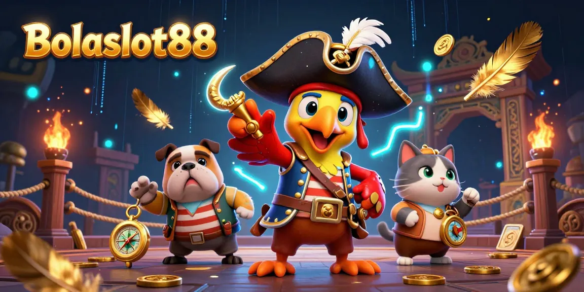Bolaslot88 brings exciting slot adventures with a pirate captain, bulldog, and cat in a rich casino-themed scene.
