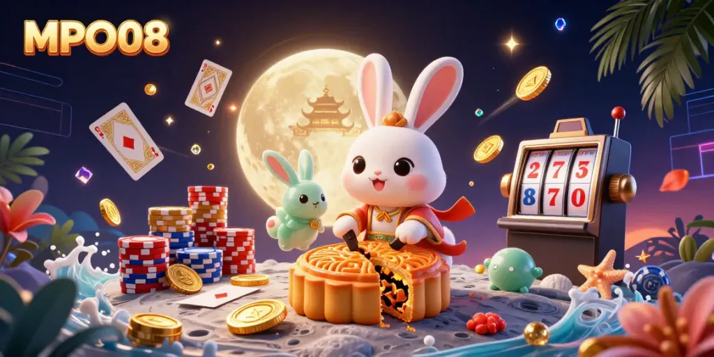 MPO08 characters celebrate as they churn golden mooncakes revealing poker chips, surrounded by vibrant casino elements.