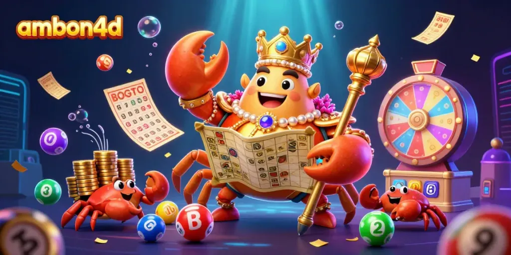 Win big with ambon4d while an emperor crab oversees an energetic casino scene of games and prizes.