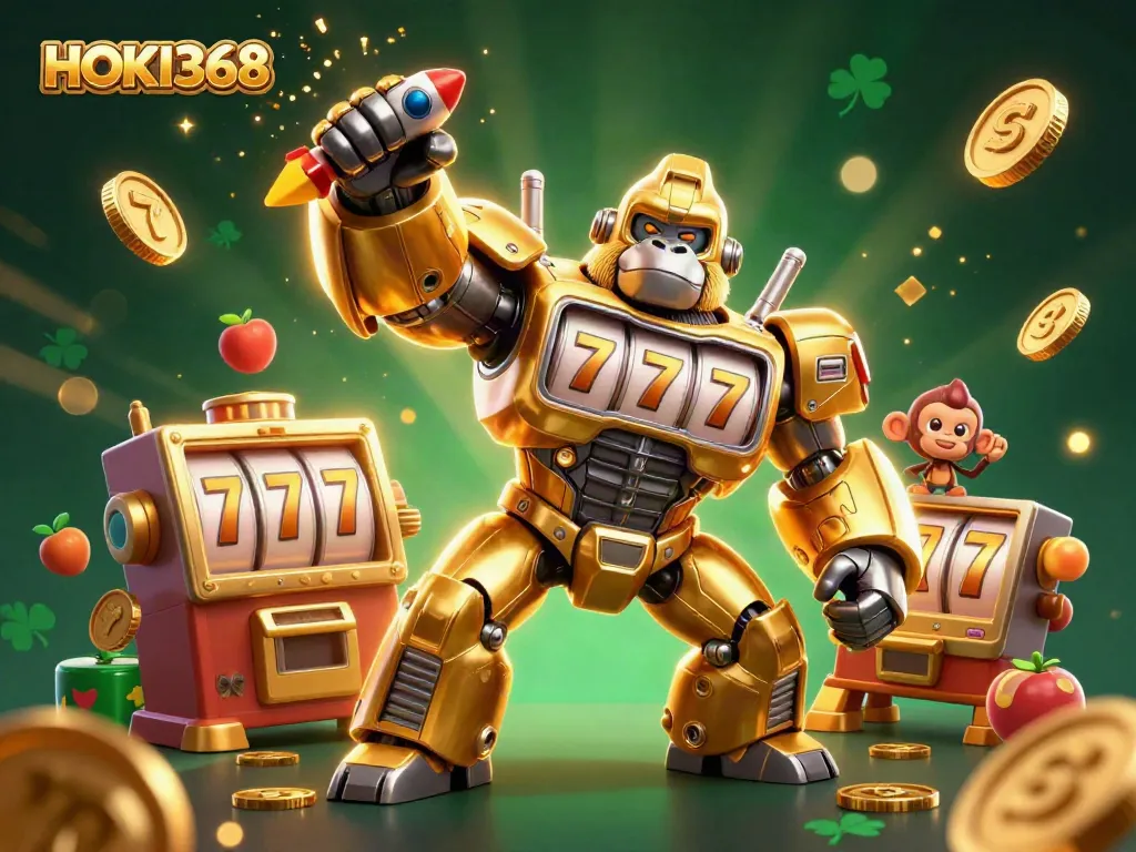 Win big with HOKI368's exciting slot machine adventures featuring a golden gorilla mech!