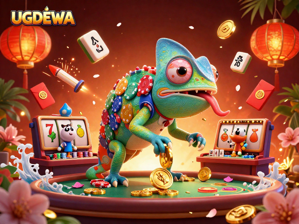 Experience thrilling gameplay with UGDEWA as the vibrant chameleon casino owner interacts among lucky elements.