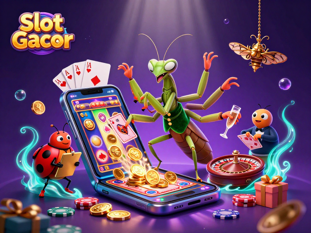 Spin thrilling Slot Gacor reels with vibrant characters dealing cards and celebrating wins in this lively casino scene.