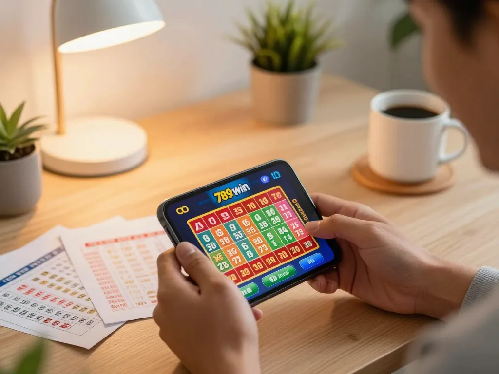 Xổ số 789win app displayed on smartphone, showcasing exciting lottery gameplay at home.